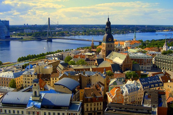 Riga Old Town rooftops and the Daugava from the air